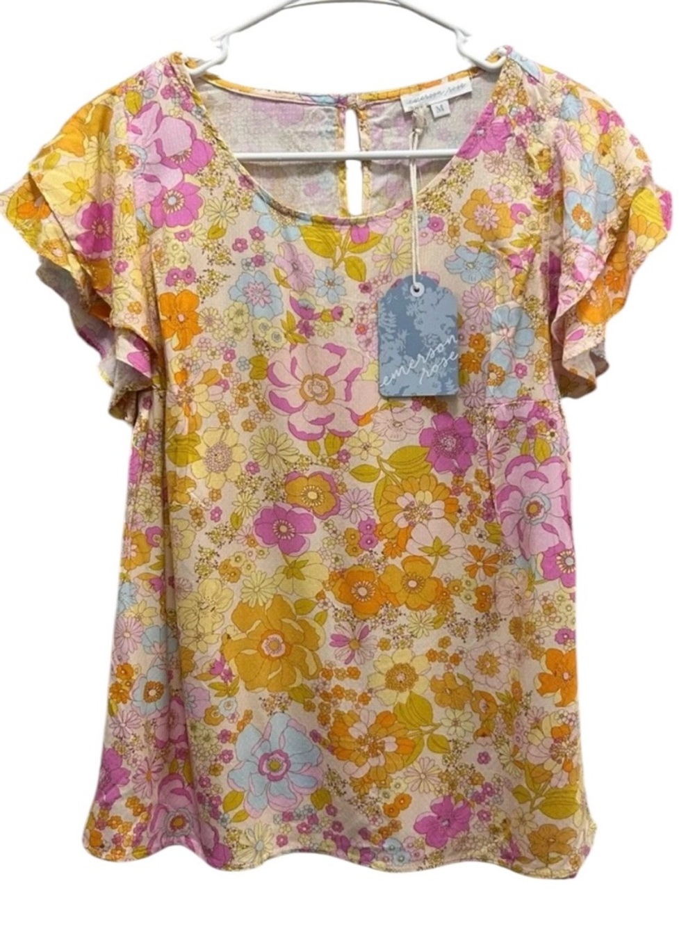 Emerson Rose Boho Retro Spring Floral Flutter Sleeve Blouse NWT M